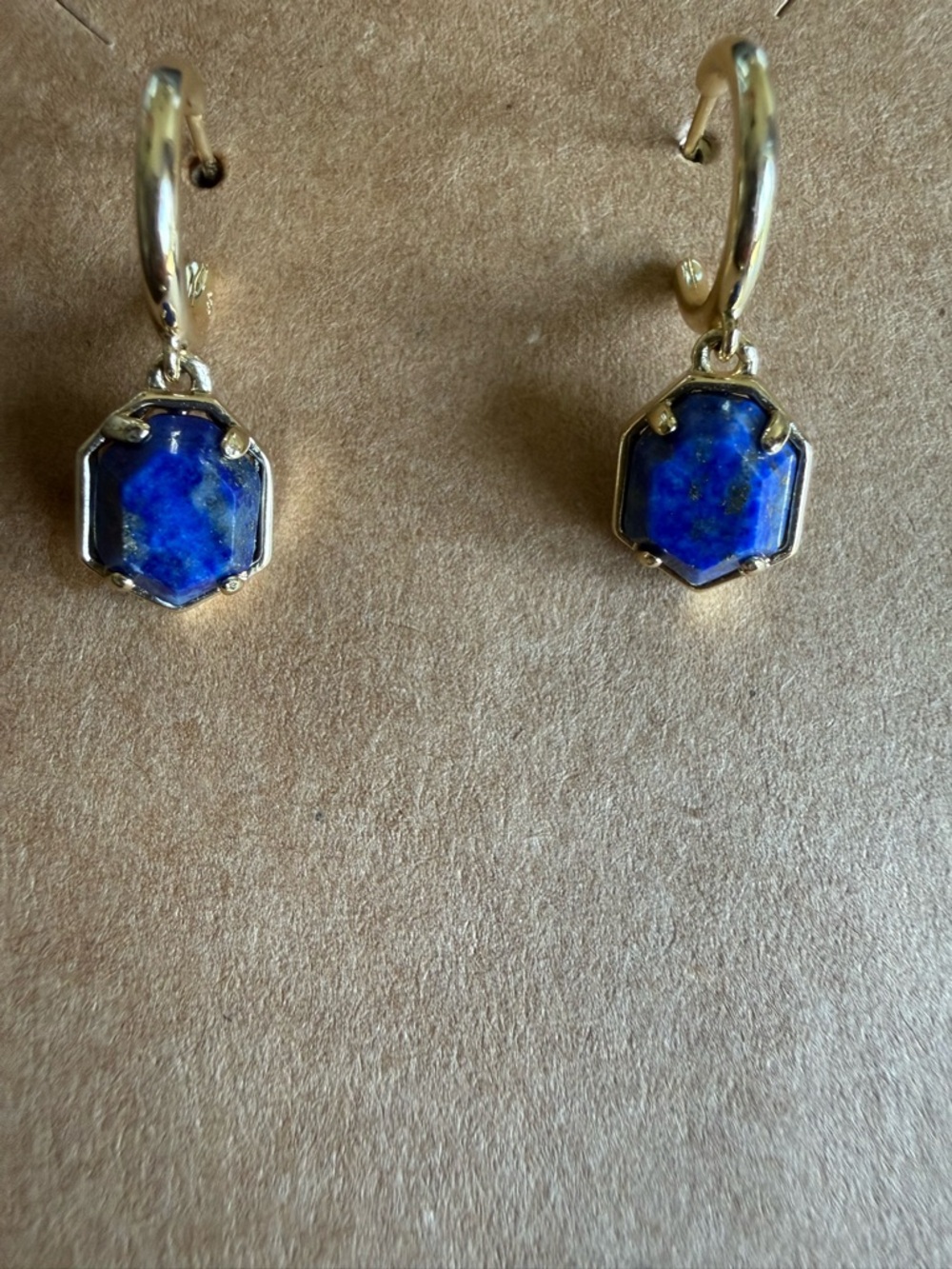 Gold Hoop Earrings with Blue Hexagon Gem Drops